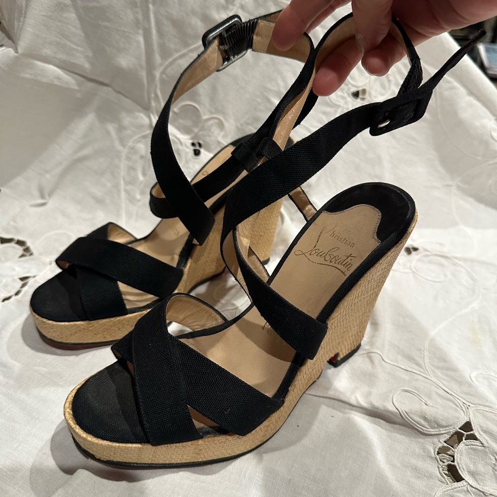 Christian Louboutin Black and Tan Wedge Sandals
